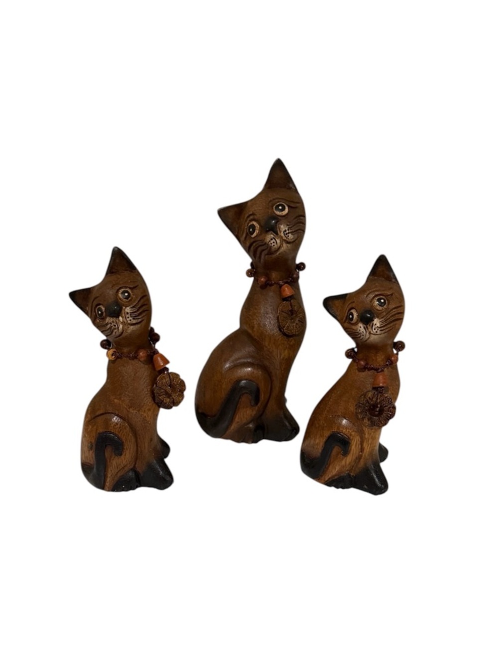 Set of 3 Brown Carved Wood Cat Figurines - Picture 2 of 5